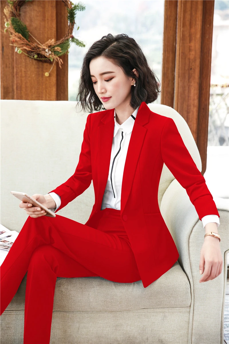Новинка Красный формальный Uniformm дизайн женские деловые костюмы со штанами и