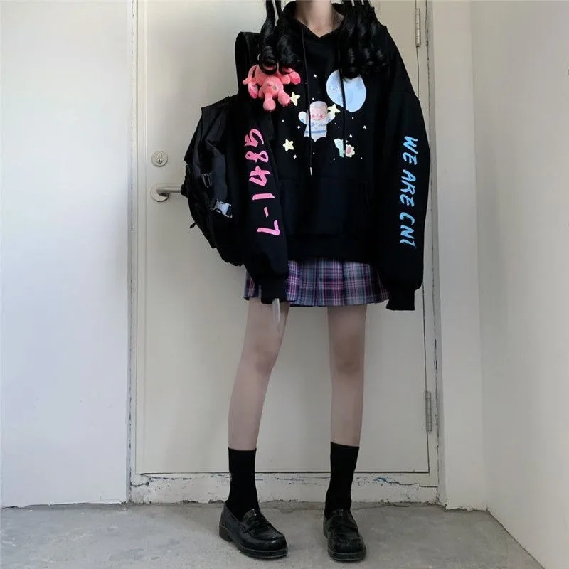 

KOSAHIKI 2021 Spring Harajuku Hooded Women Sweatshirt Japanese Oversized Causal Hoodie Cartoon Print Loose Ropa Mujer 11a045