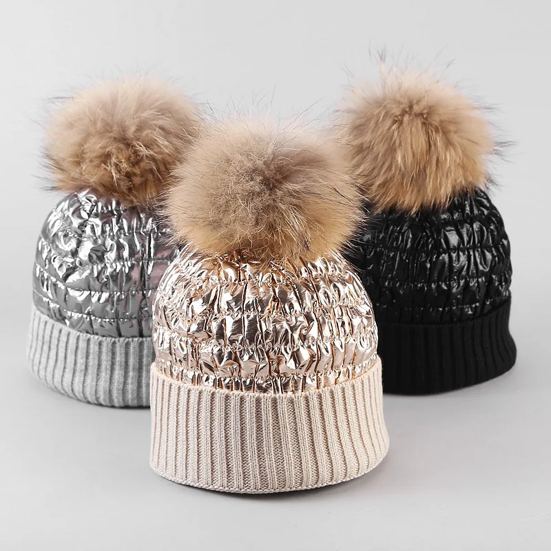 

Winter Hat Woolen Cap Female Raccoon Material Patchwork Fur Ball Knitted Hat Outdoor Skiing Riding Cold Ear Warm Cap women hat