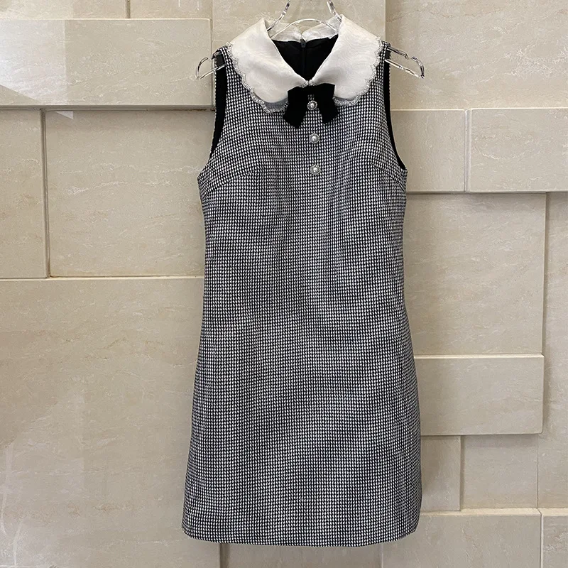 

Женское винтажное мини-платье из твида, элегантное шерстяное платье без рукавов с бантом в Корейском стиле, весна-осень 2021