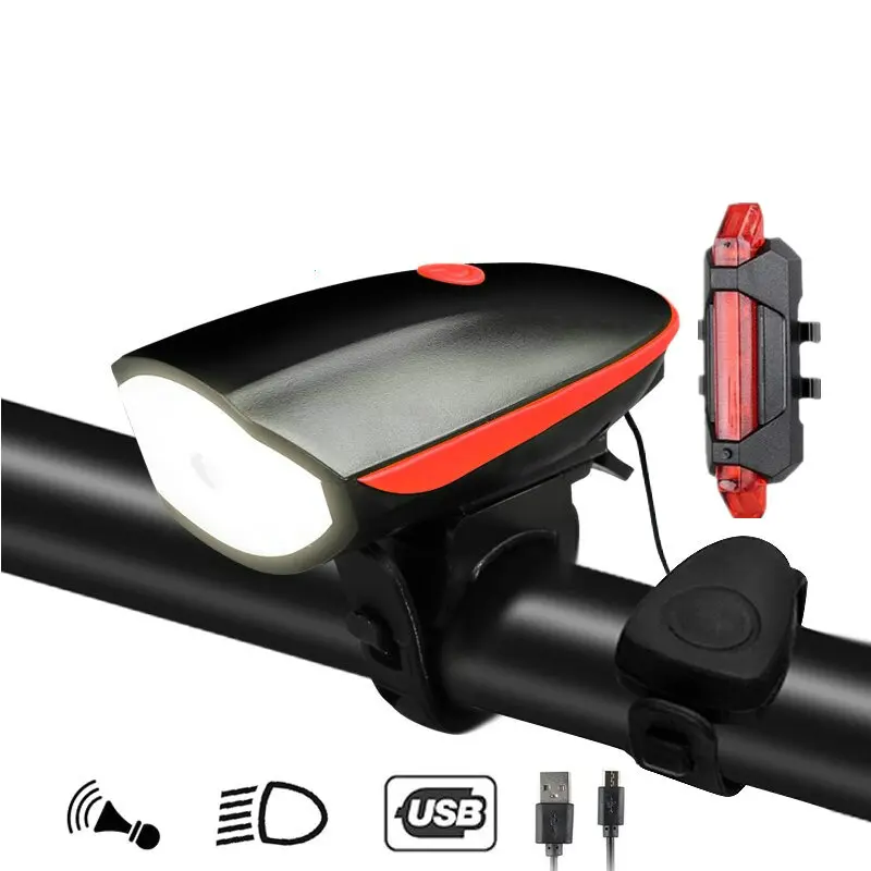 

Передняя фара велосипеда с зарядкой от USB Предупреждение ющий задний фонарь для езды на велосипеде, 3 режима освещения, 5 звуков, велосипедны...