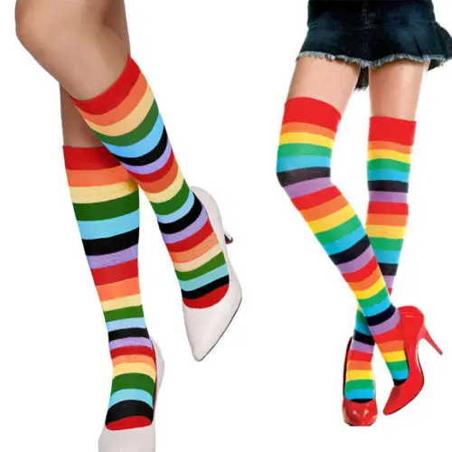 

Newest Ladies Over The Knee Socks Women Knitted Stockings Cute Cotton Thigh High Mixed Colored Rainbow Striped Long Stockings