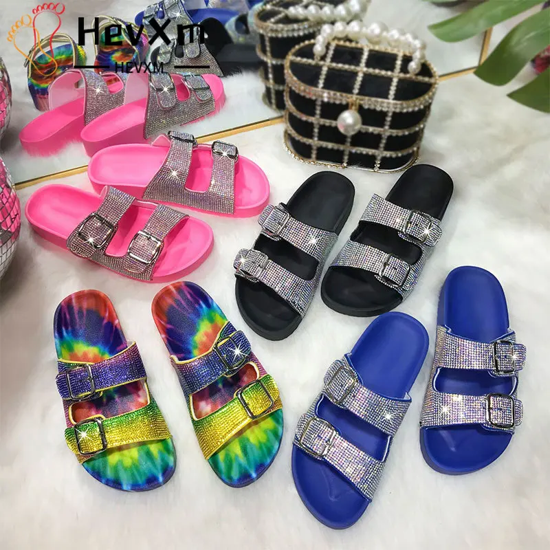 

Rhinestone Women's Shoes Outer Casual Slippers 2021 Fashion Colorful Buckle Bling Women Flat Sandals Summer Ladies Slippers