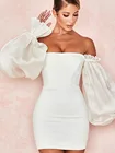 Женское вечервечерние мини-платье SRUBY, Белое Облегающее платье с открытыми плечами, длинными рукавами-фонариками и открытой спиной, лето, 2020