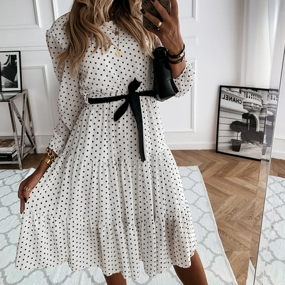 

Casual White Polka Dot Dress Woman O-Neck Lantern Sleeve Belt Elastic Waist Ruffles A-Line Dress 2021 Holiday New