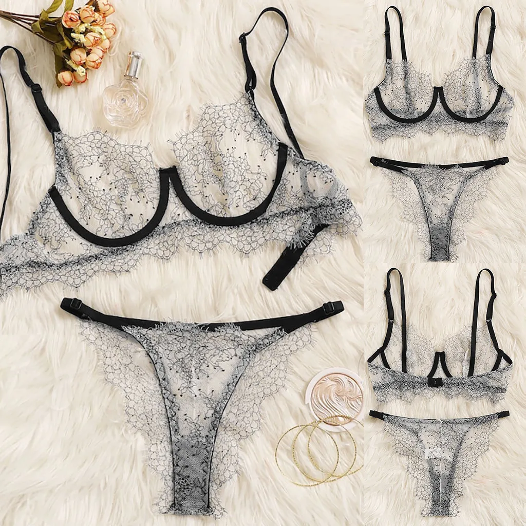 

Plus Size Wireless Bra Panty Underwear Set S-XL Women Mesh Sexy Lingerie Dot Print Femme Lace Floral Sexy Lingerie Baby Doll