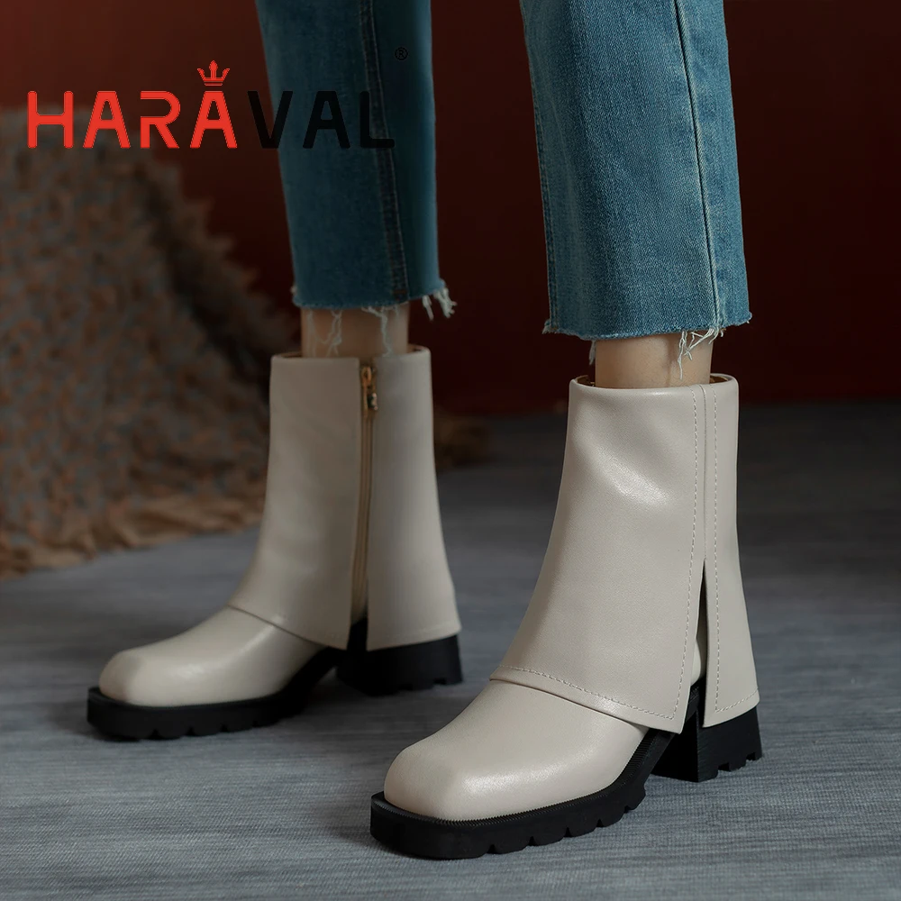 

HARAVAL Women Ankle Boots Shoes Black White Motorcycle Boots Genuine Leather Footwear Elegant Fashion Square Toe Solid ShoeE471L