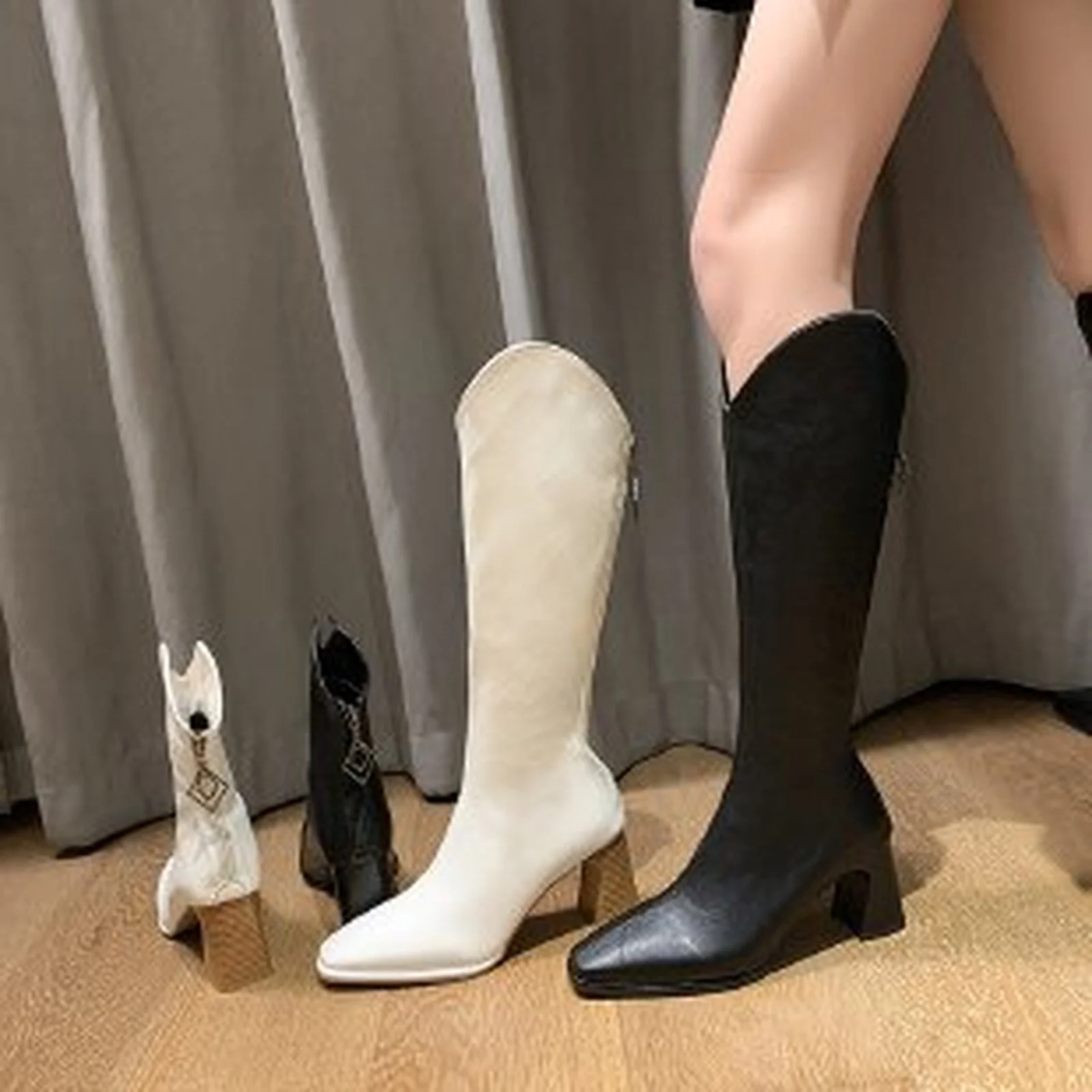 

Black Beige High Boots Thick Heel Zipper Female 2021 New Western Cowboy Boots High Heel Mid and Short Barrel Knight Boots
