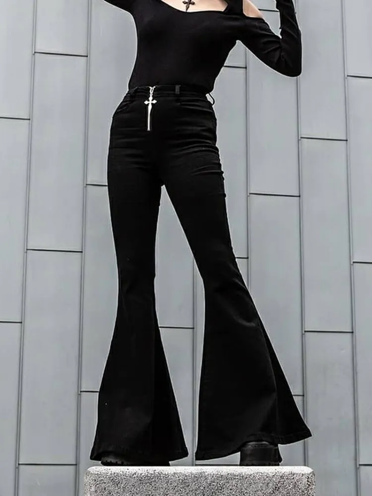 

Брюки-клеш Женские с завышенной талией и молнией, готические сексуальные брюки-клеш в стиле гранж и панк, модная уличная одежда, черные