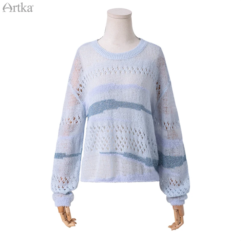 ARTKA 2020 Spring New Women Knitwear Fashion Loose Long Sleeve Thin Wool Sweater Hollow Out Pullover Mohair YB20100C | Женская одежда