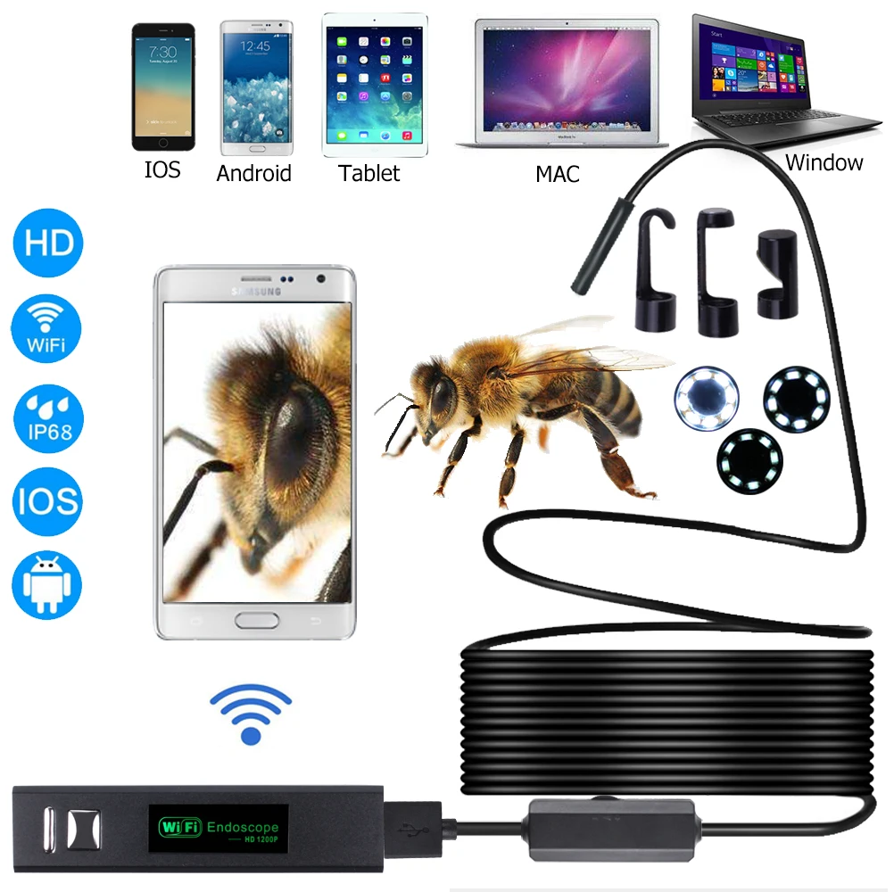 Эндоскоп камера беспроводной WiFi HD 1200P Мини мягкий/жесткий кабель Инспекционная 8