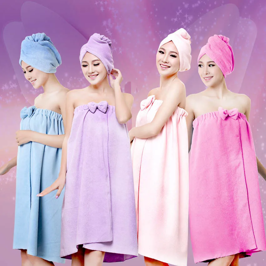 Bath Shower Towels Women 145x75cm Magic Bath Microfiber Plain Towel Skirt Dry Hair Cap