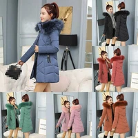 winter womens down cotton parka fur collar hooded long sleeves coat quilted jacket