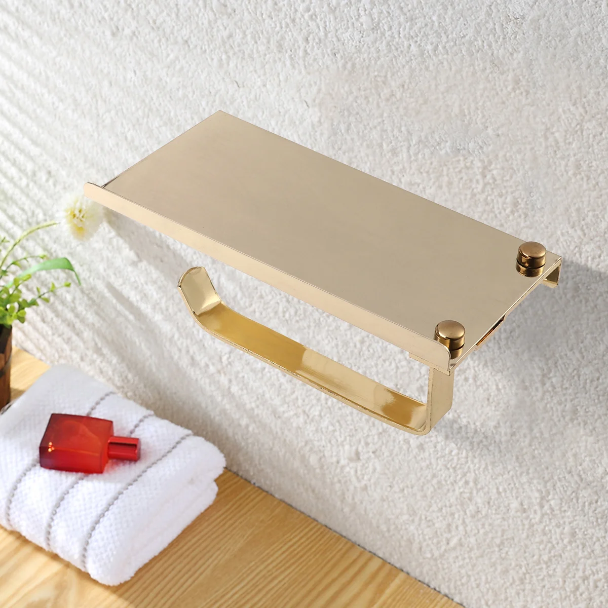

Bathroom Stainless Steel Paper Roll Tissue Holder with Phone Shelf (Golden)