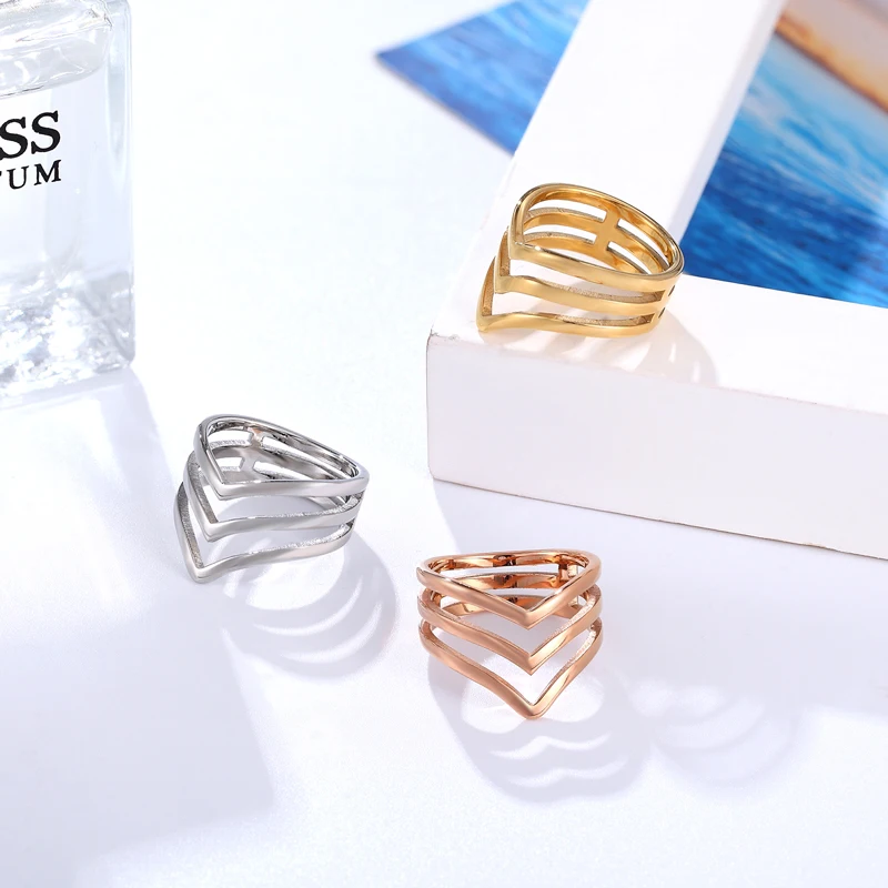 Women's Titanium Steel Gold Color Wholesale Inside and Outside Polished Three V Shape Ring image 5