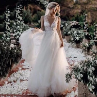 boho wedding dress v neck a line boho bridal gown 2021 3d flower lace tulle vintage bridal dress vestido de novia