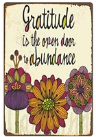 flower vintage tin sign art poster with the text gratitude is the open door to abundance farm garden wall decorative metal sign