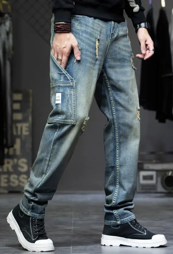 Retro Ripped Jeans Men Loose Feet Harem Pants Streetwear High Street Jeans