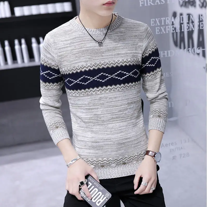 Мужской модный свитер на осень/зиму повседневный полосатый пуловер с круглым