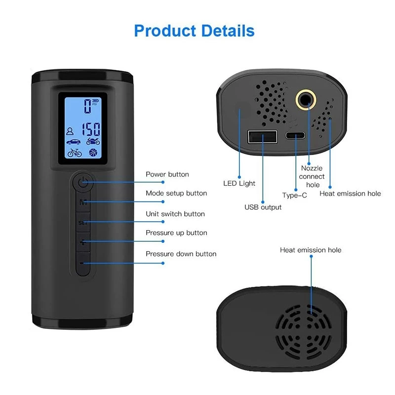 Precio Inflador De Neumáticos Inalámbrico, Compresor De Aire Portátil, Con Manómetro Digital, Luz LED, Bomba De Aire Eléctrica, Para Bicicleta De Coche, Etc.