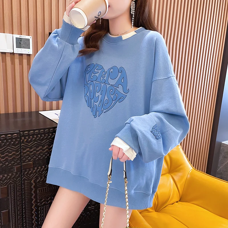 Женский пуловер с длинным рукавом круглым вырезом и принтом сердечек | Женская