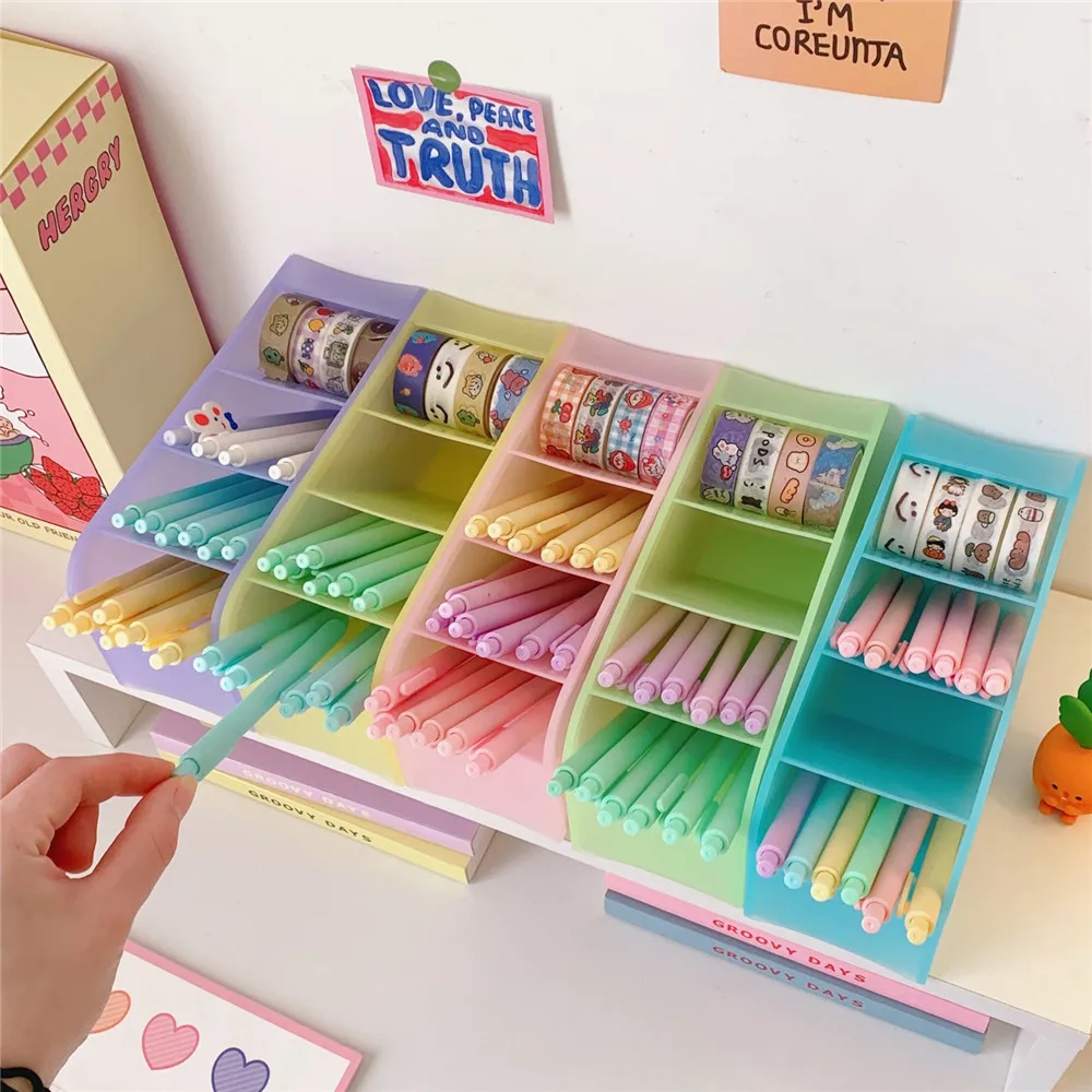 MINKYS New Kawaii Macaroon Color 4 Gird Desktop Organizer Pen Holder Big Size Desk Makeups Pencil Storage Box School Stationery |