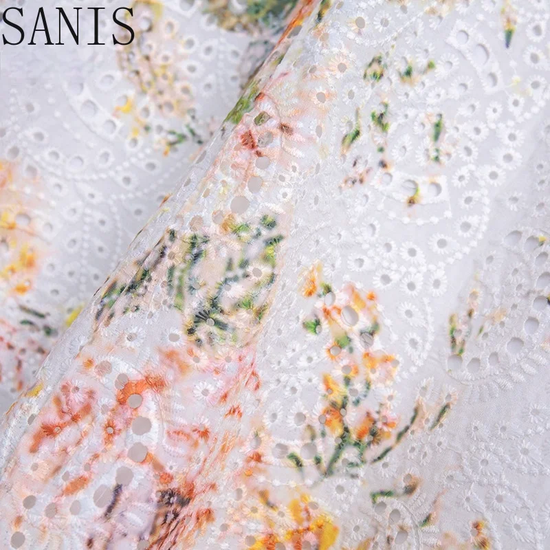 

Sanis New 2021 Summer Runway Elegant Party Dress Women's Lantern Sleeve Hollow Out Embroidery print Vintage Midi Dress