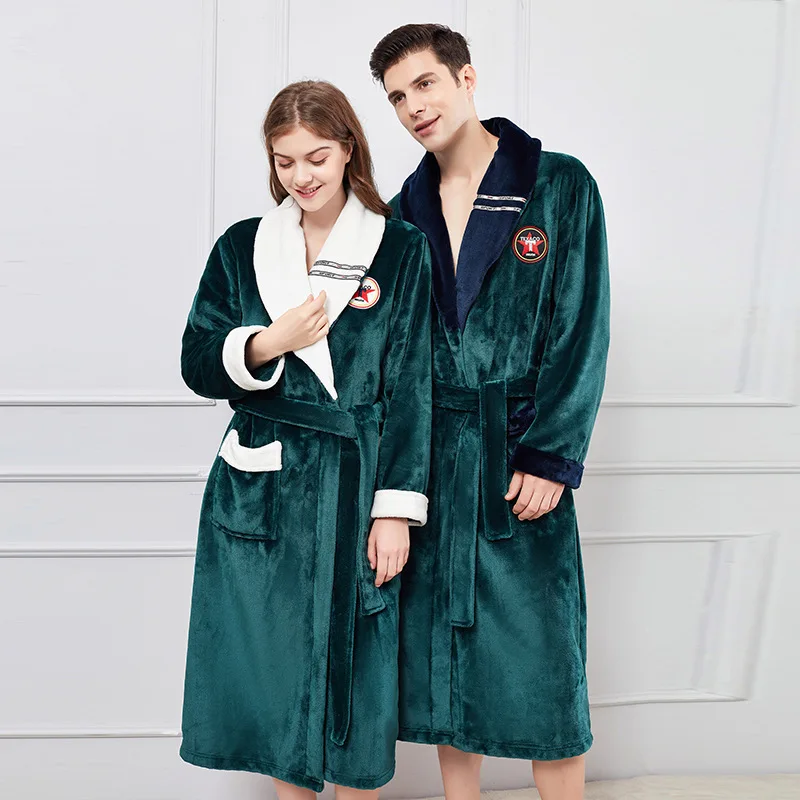 Women's nightgown thickened and lengthened in autumn and winter. Couple bathrobes flannel men's home clothes-6