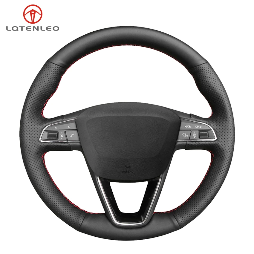 

Натуральная кожа LQTENLEO, для Seat Leon 5F Mk3 чехол рулевого колеса автомобиля-2013, Ibiza 6J, Tarraco Arona Ateca Alhambra, черного цвета, 2019