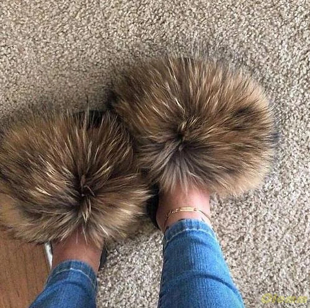 

Woman Fall Spring Furry Slides Fluffy Sandals Raccoon Shoes Fuzzy Slippers Fur Flip Flops Fox Fur Slide Rainbow Designer Sandal