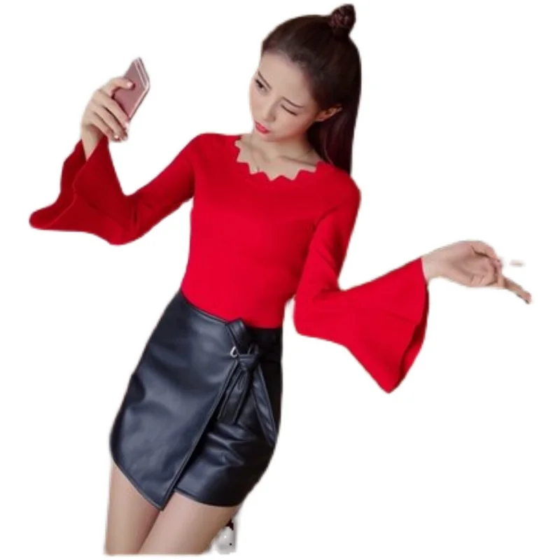 

Red Vintage Sweater 2020 New Flare Sleeve Underwear Blouse Women's Internet Celebrity Autumn and Winter Western Style Knitted