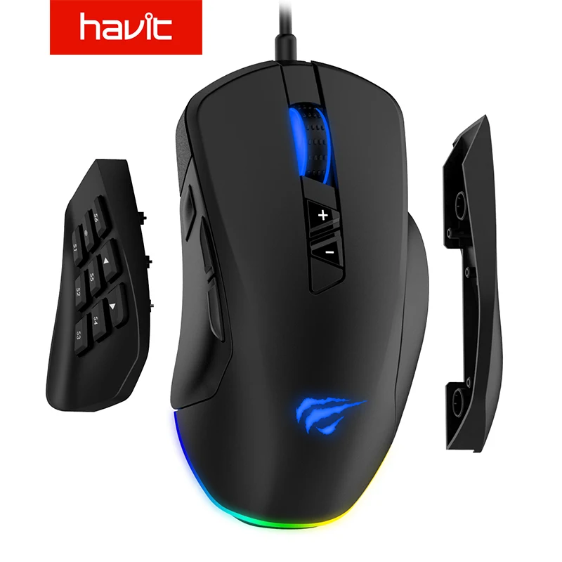 Havit игровая мышь 12000 dpi Проводная мышь с 14 программируемыми кнопками сменные боковые пластины, 2 Сменные правые пластины