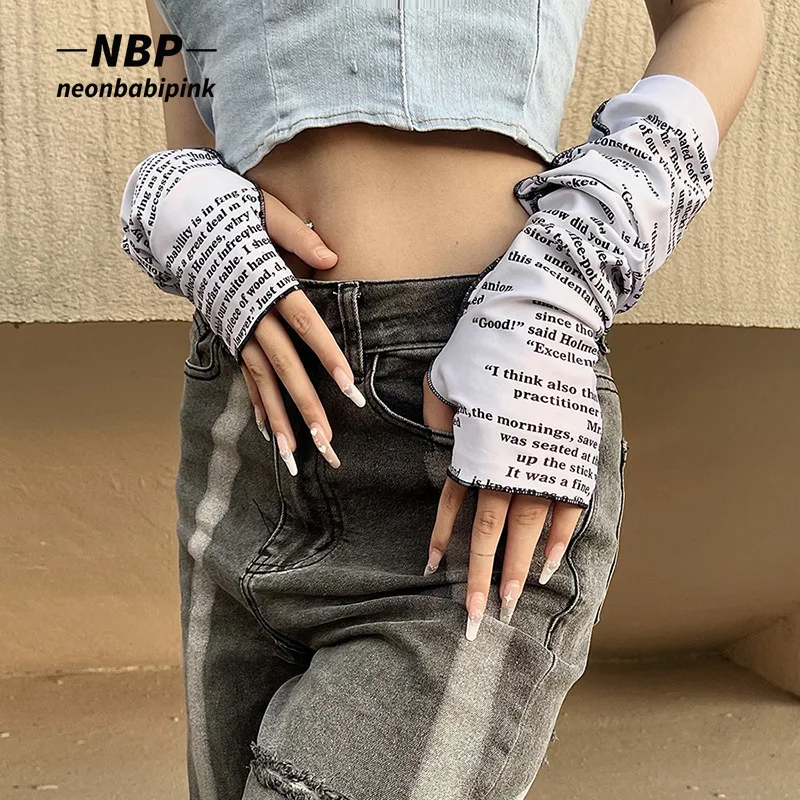 

Перчатки NEONBABIPINK в готическом стиле, гранж без пальцев, с надписью, со съемными рукавами для рук, эстетическая Солнцезащитная одежда, Женская