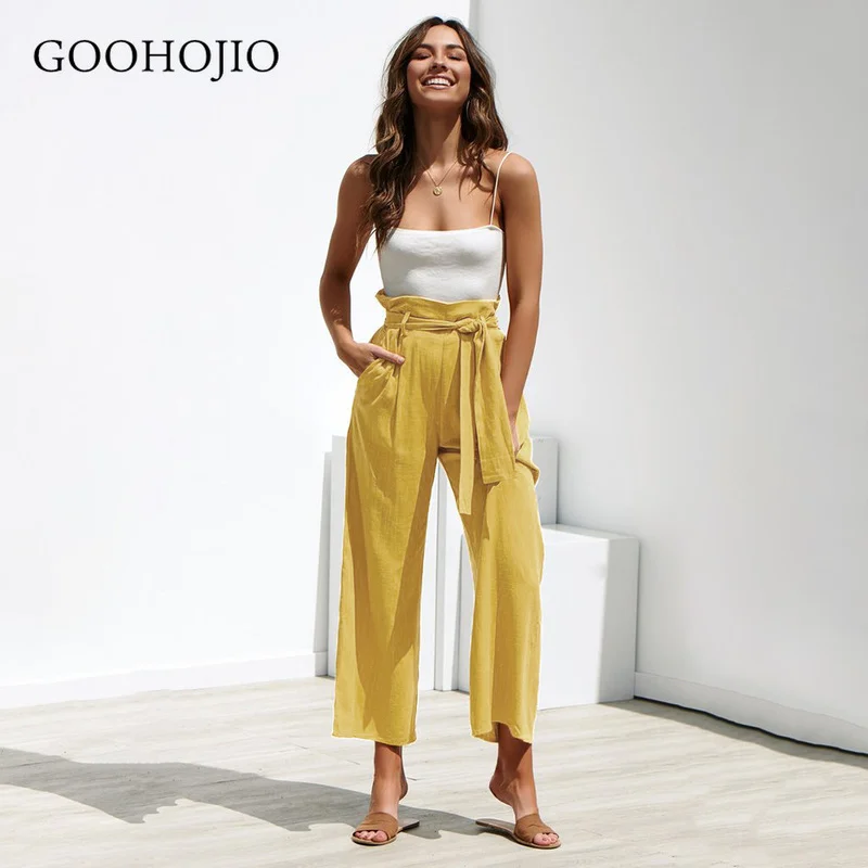 

GOOHOJIO 2021 New Spring Autumn Cotton and Linen Loose Wide-leg Pants Women Solid Color Pants for Women Bandage Women Trousers