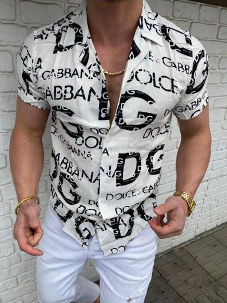 

Рубашка мужская приталенная с коротким рукавом, Гавайская Повседневная сорочка с принтом надписи, однобортная одежда, 2021