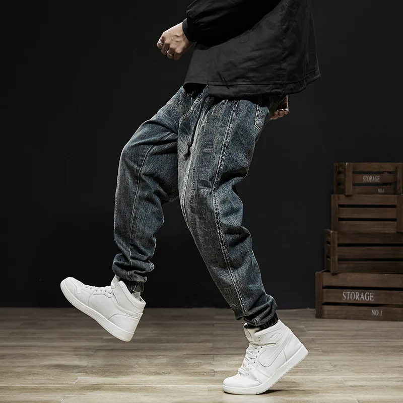 Модные мужские джинсы в японском стиле серые зауженные брюки хип хоп для бега