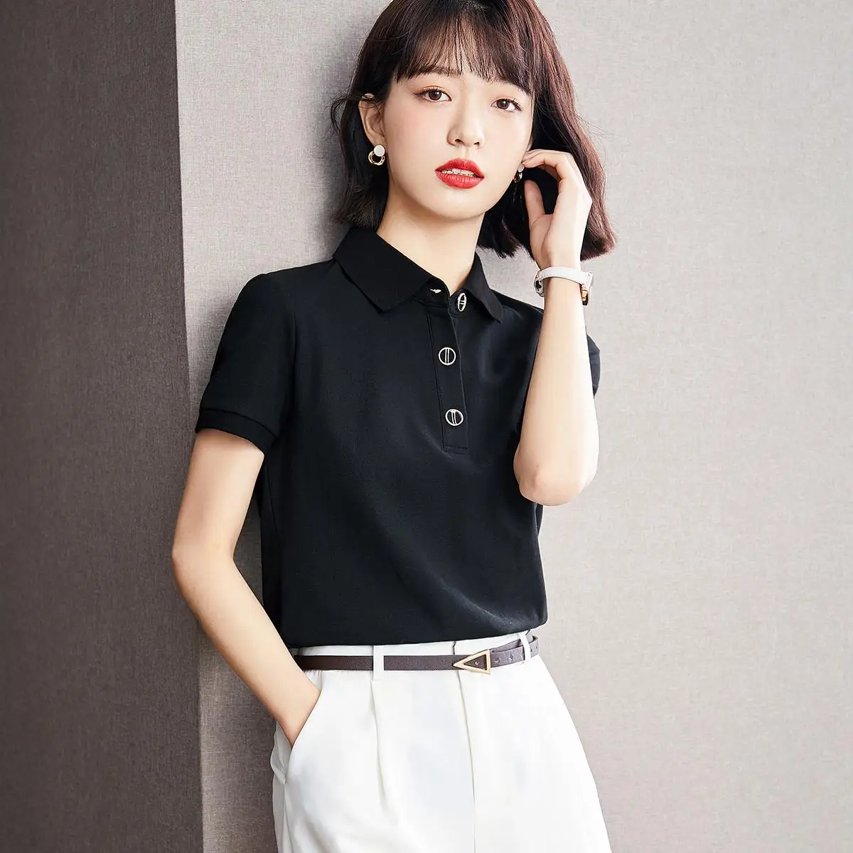 

Summer Shirts for Women COTTON Polo Shirt Women Short Sleeve Women Blouses Plus Size XXL Black Ladies Tops
