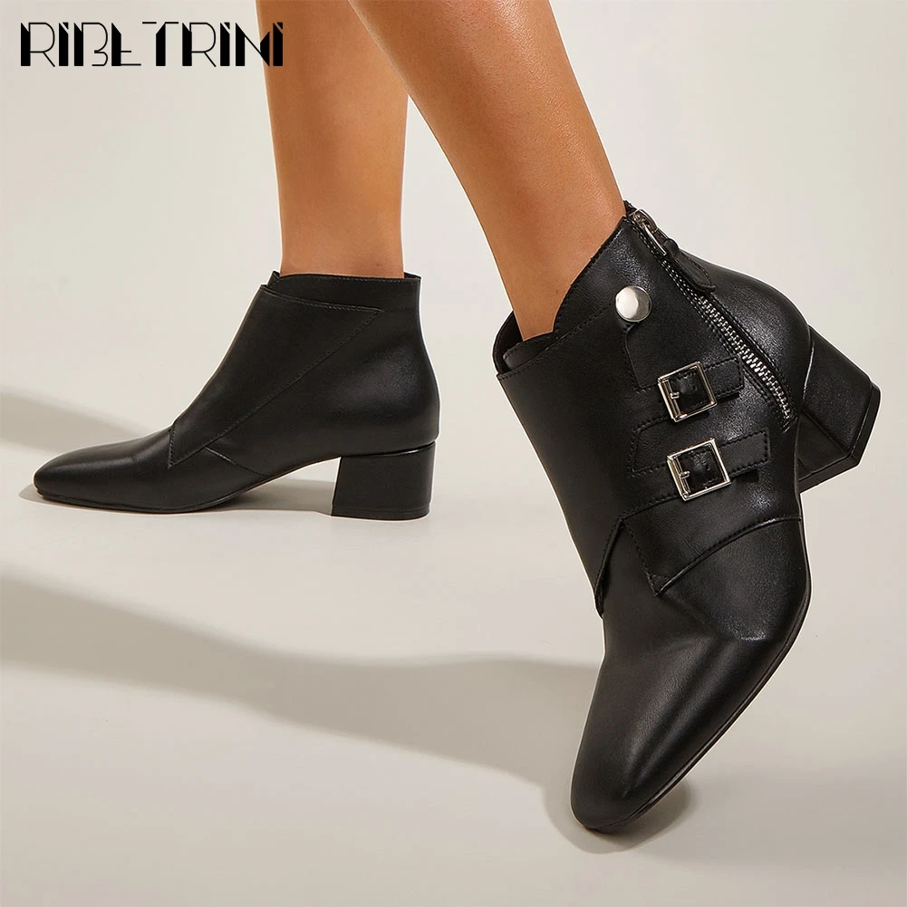

RIBETRINI New Arrivals Round Toe Women Ankle Boots Zipper Punk Casual Solid Black Metal Buckle Fashion Chunky Heel Women Boots