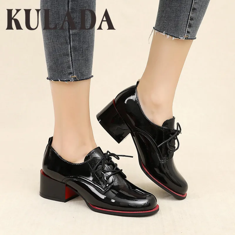 Женские лакированные туфли KULADA лодочки на толстом каблуке с круглым носком