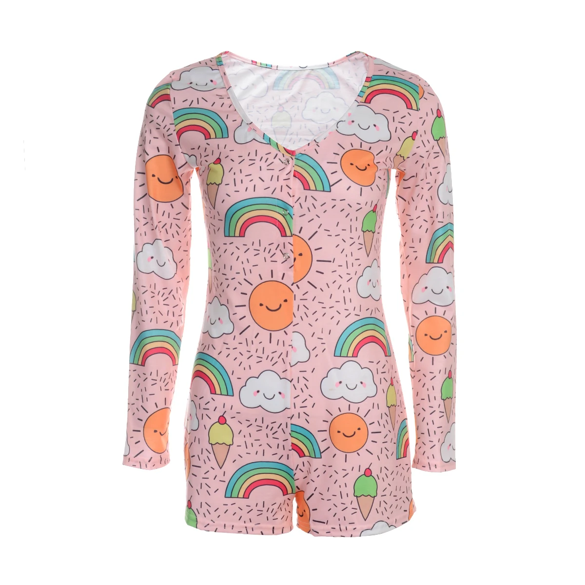 

Sexy Women Deep V-neck Bodycon Sleepwear Jumpsuit Bodysuit Shorts Romper Bodysuit Leotard Long Sleeve Print Button Bodysuit New