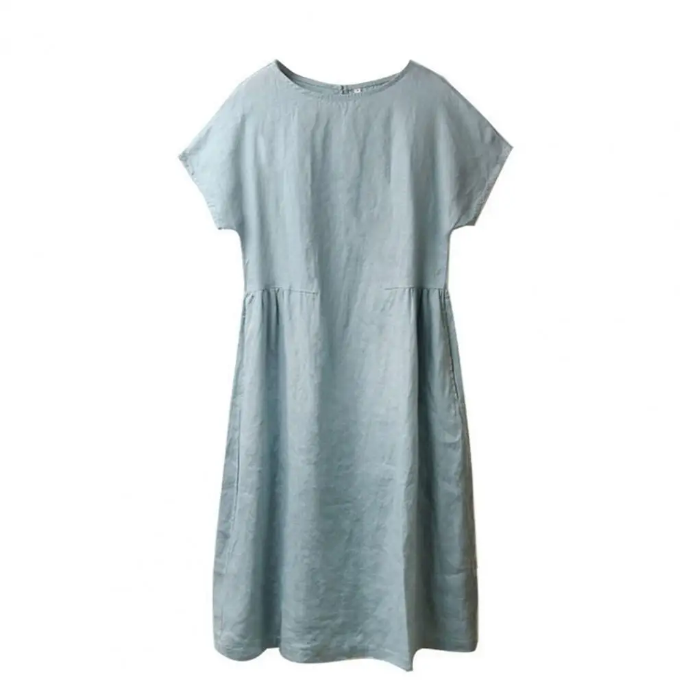 

Women Dress Solid Color Large Hem Short Sleeve Pockets Loose Midi Dress for Work Street Wear Summer Black M-4XL