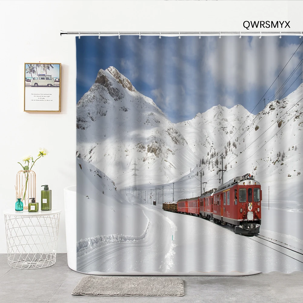 

Snow Mountain Railway Train Landscape Shower Curtains Hook Natural Scenery Bath Curtain Home Toilet Decor backdrop Wall Cloth