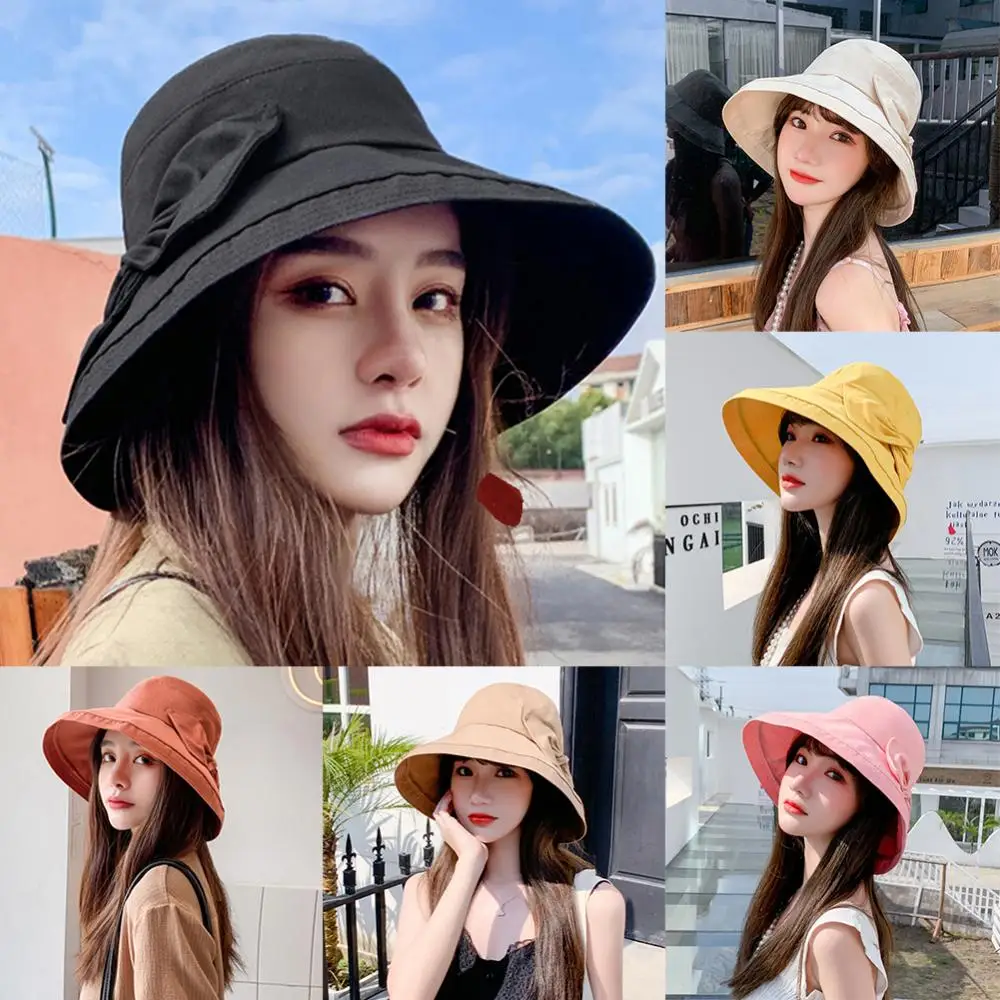 

Women Solid Color Bowknot Wide Brim UV Protection Summer Sun Hat Bucket Cap