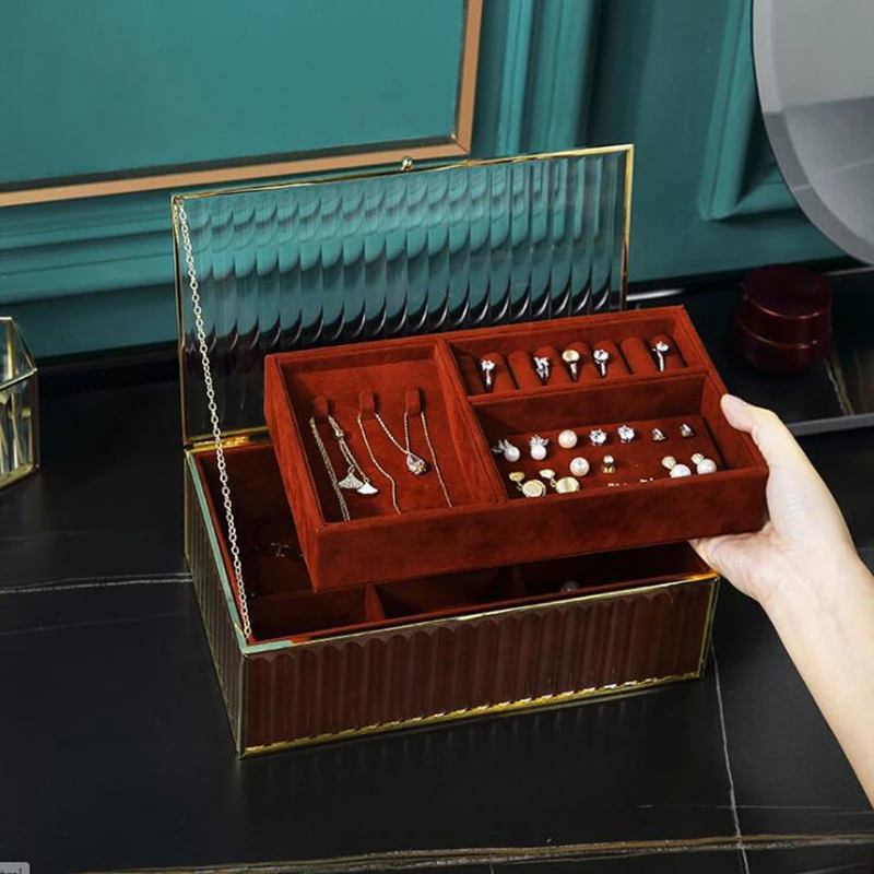 

Luxury Glass Jewelry Storage Box Desktop Necklace Ring Earring Cosmetic Makeup Jewellery Case Organizer Casket Case