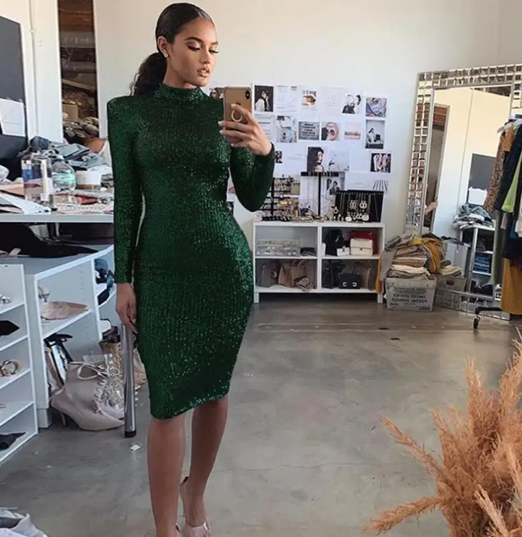 2020 женское сексуальное платье с высоким воротом и длинным рукавом блестками