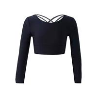 kids girls pure color round neck long sleeves criss cross open back crop sport tops for active workout gym dance sports shirts