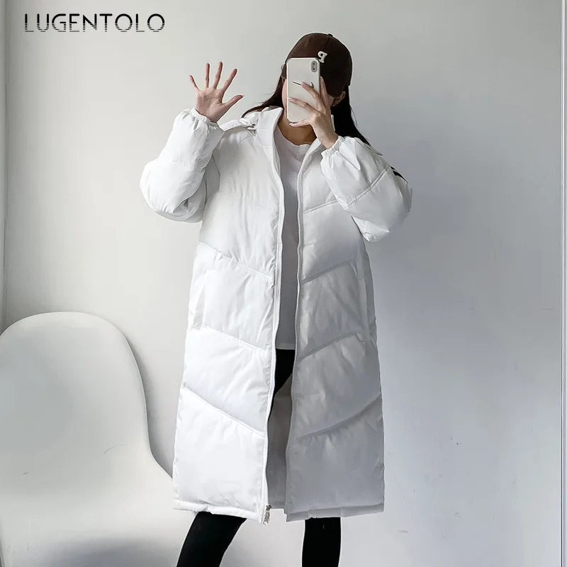 

Parkas Women Detachable Hooded Loose Winter Korean Long Coats Female Casual Solid Stripe Street Zipper Parka Lugentolo