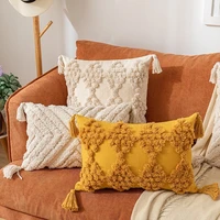 tufted rectangle pillow cover yellow white cushion cover cotton tassel decorative farmhouse fall decor throw pillows 30x5045x45