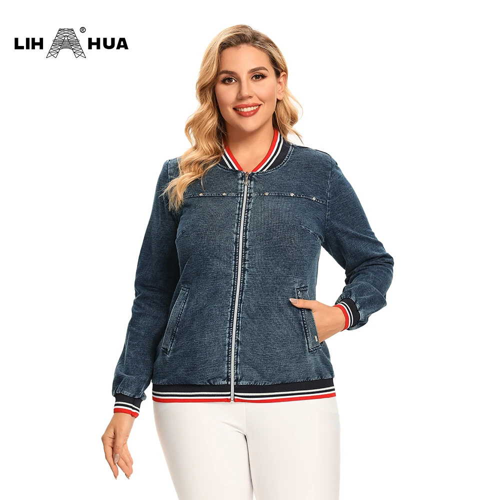 

LIH HUA Women's Jacket Plus Size Spring Casual Denim Jacket Woman High Flexibility Jacket Hoodie Blouses Shoulder Pads Chaquetas