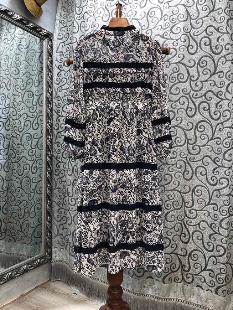 

Latest Designer Autumn Dresses 2020 Fashion Style Women Vintage Print Lace Patchwork Long Sleeve Mid-Calf Length Cotton Dress